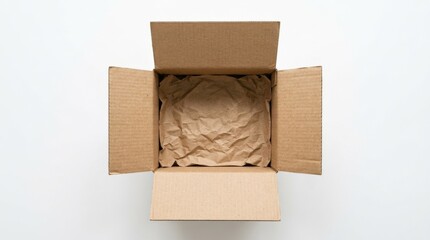 Top-down view of open brown corrugated cardboard box on white background, packaging and shipping concept with clean minimal mockup presentation, realistic detail, no logos