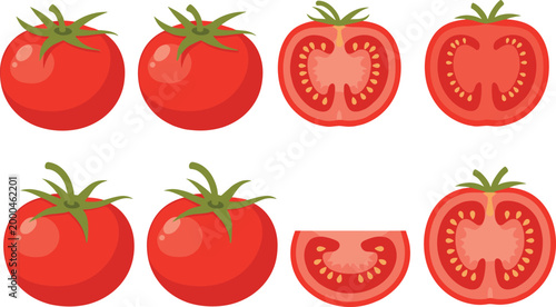 Fresh Red Tomato Vector Set with Whole and Sliced Pieces Isolated on White Background for Healthy Food Design and Agricultural Illustrations.