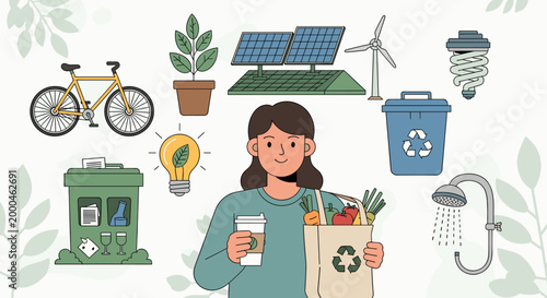Illustration of a woman promoting sustainable living with various eco-friendly elements like solar panels, recycling bins, and a bicycle.