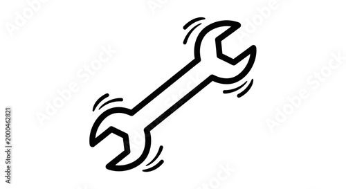 Minimalist black and white illustration of a wrench isolated on a white background. The wrench shows no wear or damage.