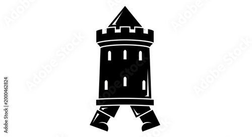 Illustration of a medieval castle tower isolated on a clean white background with no additional elements. The design is flat and minimalist.