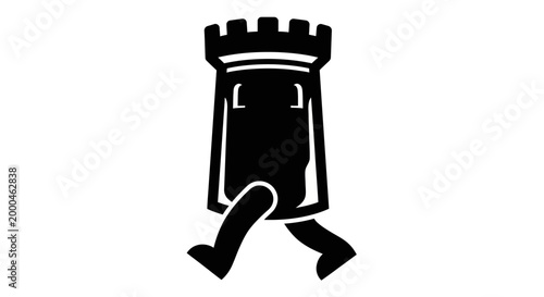 A cartoon tower with a face and legs walking across a plain white background. The tower is anthropomorphic.