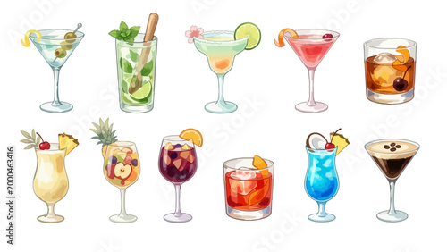 Cocktail Illustration Set, Colorful Alcohol Drink Clipart Collection Martini Mojito Margarita Icons