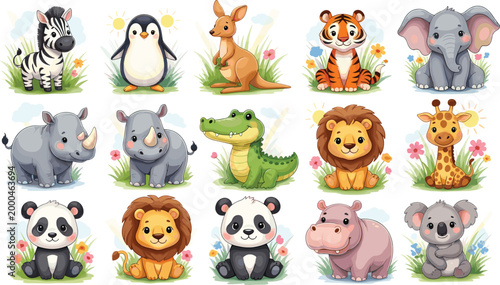 Collection of Cartoon Wild Animals Including Lion, Tiger, Elephant, Giraffe, Kangaroo, and Panda with Floral Background