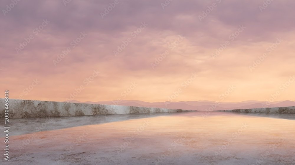 Obraz premium Soft pastel hues dominate this expansive landscape featuring a clear reflection of the dawn or dusk sky on the calm water