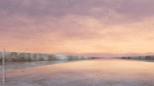 Soft pastel hues dominate this expansive landscape featuring a clear reflection of the dawn or dusk sky on the calm water