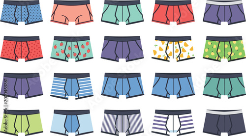 olorful Men's Boxer Briefs Underwear Set with Various Patterns Including Stripes, Polka Dots, and Fruit Print Vector Collection