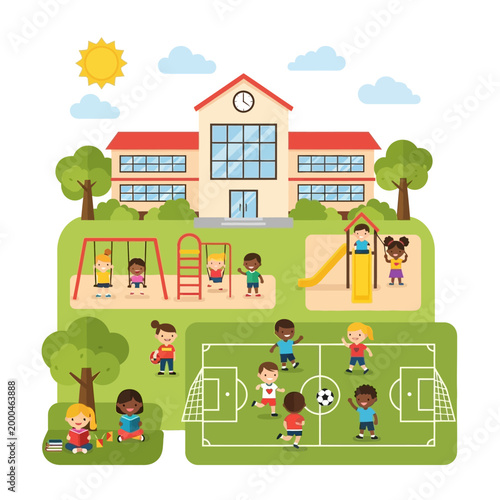 Diverse Children Playing at School Playground and Soccer Field