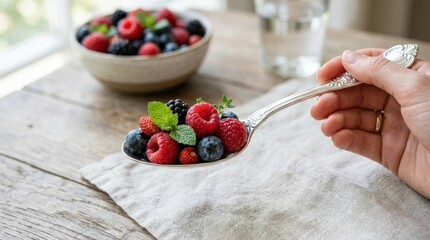 Fresh assorted berries with mint leaves on silver spoon, elegant healthy food still life with crisp color and refined presentation, realistic detail, no logos