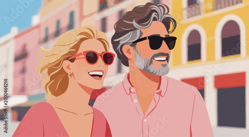 Happy Middle Aged Couple Enjoying Outdoor City Travel