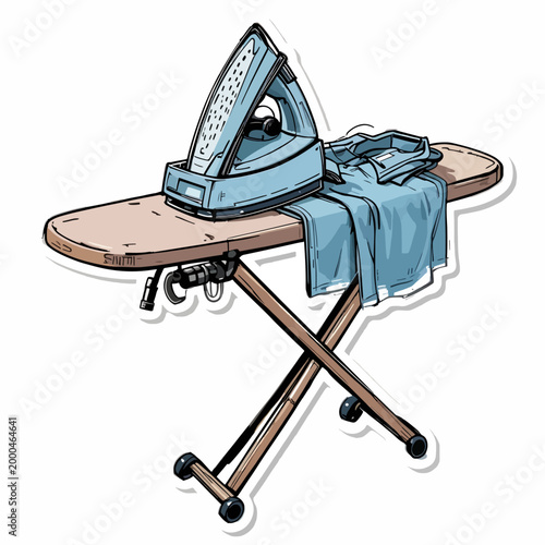 A colorful cartoon illustration of an ironing board with an iron and a blue shirt on it