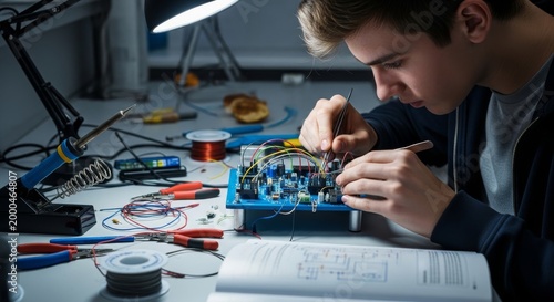 Young engineer meticulously wiring an electronic circuit board