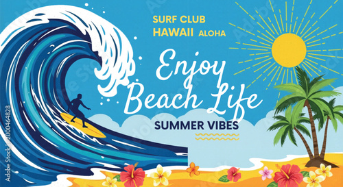 Vintage surfing poster with ocean wave and palm trees, summer beach life illustration, tropical Hawaii surf club banner with hibiscus flowers isolated PNG with Transparent Background