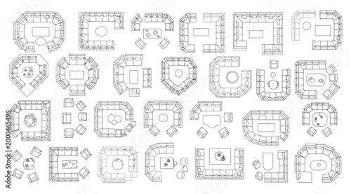 Set of top view furniture icons, sofa and couch layouts for interior design