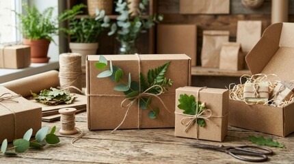 Kraft boxes made from recyclable organic materials with green leaf accent, eco-friendly packaging zero waste and plastic-free concept, realistic detail, no logos