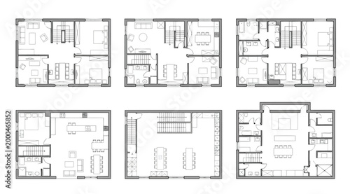 Collection of six architectural floor plans for residential houses, showing room layouts, furniture, and technical details in a clean blueprint style