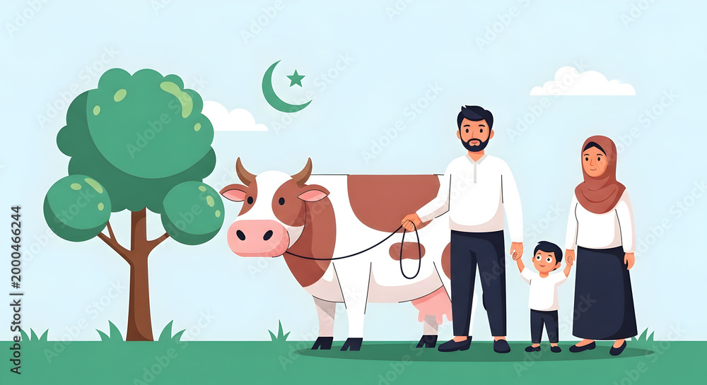 Fototapeta premium muslim family celebrating eid al-adha with cow under crescent moon