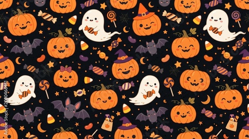 Halloween doodle patterns with cute and adorable characters made by AI generative