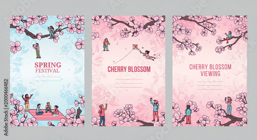 Japanese Cherry Blossom Spring Festival banners, Hanami picnic and flower viewing posters, pink sakura floral vector collection with tiny people isolated PNG with Transparent Background