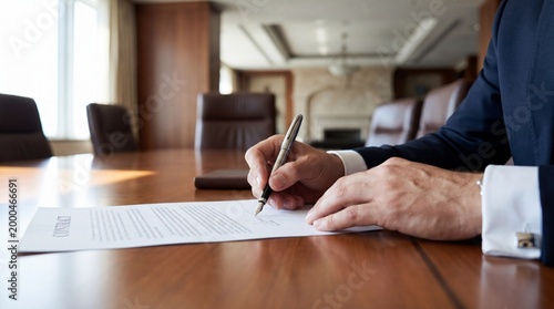 Businessman signing important documents at a conference table in a modern office