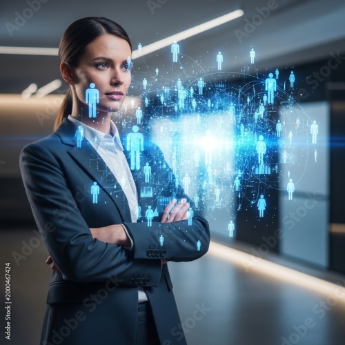 Serious Businesswoman With Glowing Network Icons Reflecting Future