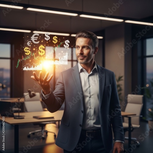 Confident Businessman Interacting with Holographic Financial Data in