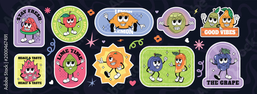 Groovy retro labels with fruit characters in trendy style. Cartoon cute summer sticker set, funky comic doodle orange, lemon, apple, watermelon with expressive faces. Emblem collection of healthy food