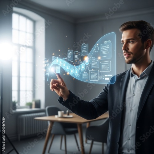 Young Businessman Interacting with Futuristic Blue Holographic