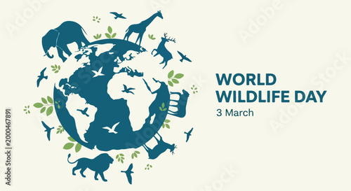 World Wildlife Day celebration poster featuring diverse animal silhouettes surrounding a globe with a message