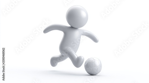 Dynamic white 3D character dribbling a soccer ball in a minimalist, monochromatic scene.