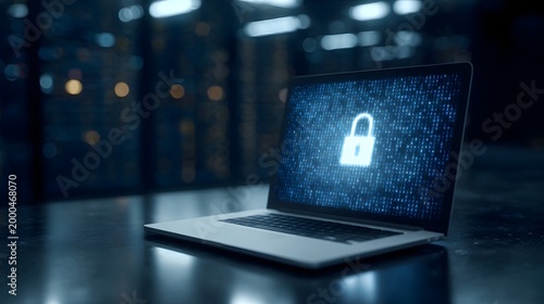 A modern laptop displays glowing binary code and a digital padlock symbol representing advanced cybersecurity and data protection technology