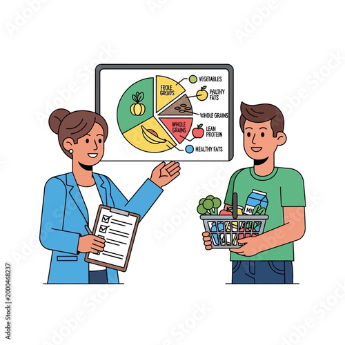 Nutritionist Explains Healthy Diet Pie Chart to Man Holding Grocery Basket