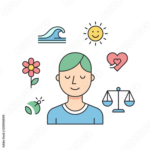 Person with Icons Representing Well-being, Nature, Health, Balance, and Happiness