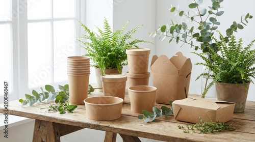 Eco friendly kraft paper cups and boxes surrounded by greenery, sustainable packaging product display, zero waste takeaway containers, clean commercial composition, soft natural light, no logos