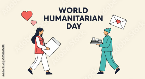 Two diverse individuals exchanging humanitarian aid and support in celebration of World Humanitarian Day emphasizing