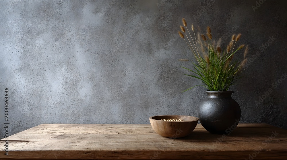Fototapeta premium Dried grasses and seeds displayed in a rustic vase and wooden bowl on a wooden surface against a dramatic textured backdrop