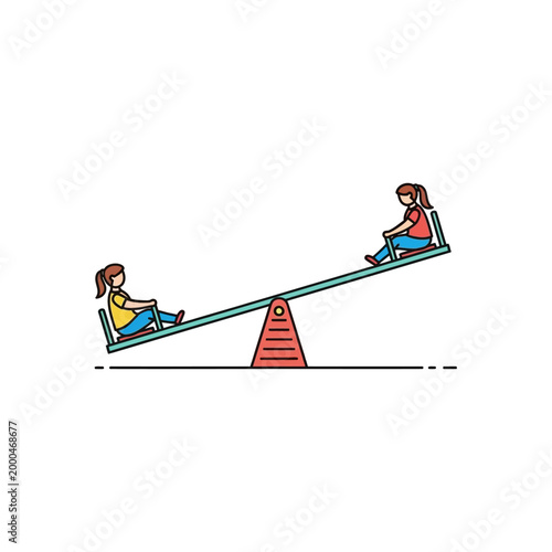 Two girls playing on a colorful seesaw on a white background, illustration