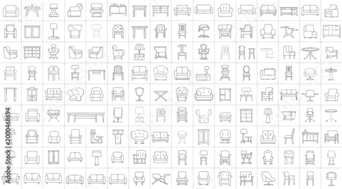 Large collection of hand drawn furniture icons and symbols for interior design and architectural floor plans