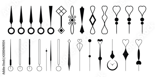 Clock hand icon, black silhouette styles, ornate simple time pointers, analog watch repair design elements, vector illustration