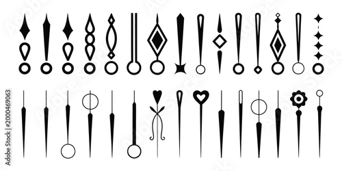 Clock hand icon, black silhouette graphics, ornate simple time pointers, analog clock repair elements, vector illustration