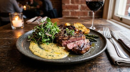 Grilled steak with microgreens and sauce on plate, refined gourmet dinner concept with elegant presentation and premium culinary styling, warm light, realistic detail, no logos