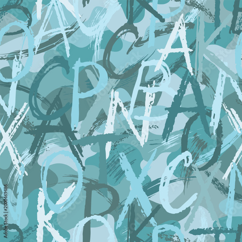 Seamless blue camouflage pattern with doodles. Chaotic scattered letters, paint brush strokes. Messy grunge composition. For apparel, fabric, textile, sporting goods
