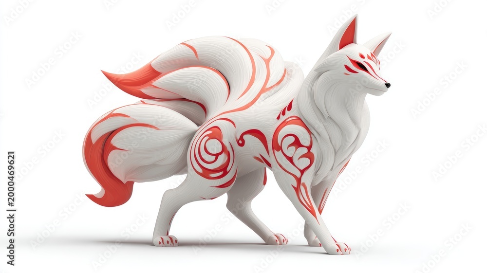Obraz premium Ethereal White Nine-Tailed Kitsune with Flowing Red Calligraphic Markings