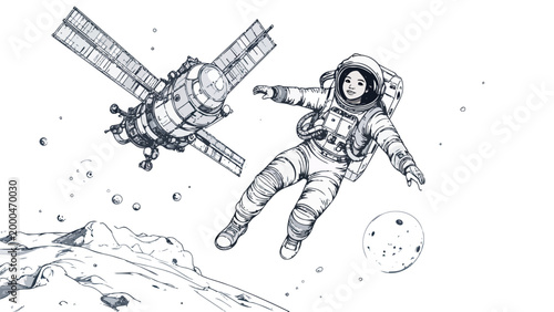 Young astronaut floating in space exploring new worlds