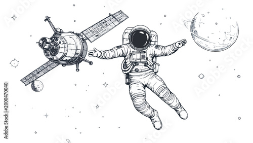 Astronaut floating in space with satellite and planets