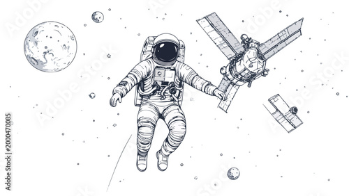 Astronaut floating in space doing spacewalk near satellite