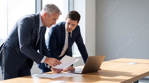 Two businessmen in suits discussing documents and laptop at a wooden office table near a window