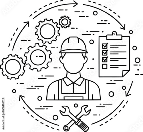 Industrial worker icon, engineering symbols, gear and checklist, construction worker illustration