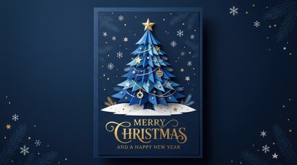 Blue paper-style Christmas tree with fir tree on dark blue background, elegant holiday greeting card design with festive text space, realistic detail, no logos