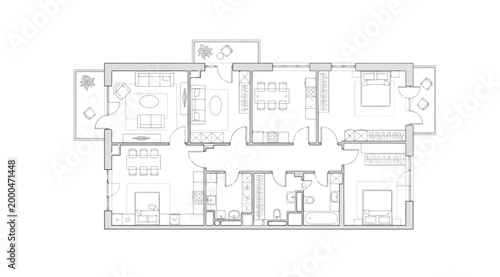 Architectural floor plan of a modern apartment with furniture layout detailed house project blueprint showing rooms, kitchen, bathroom and balcony